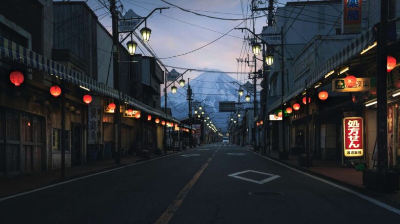 Ulica w Japonii z widokiem na górę fuji